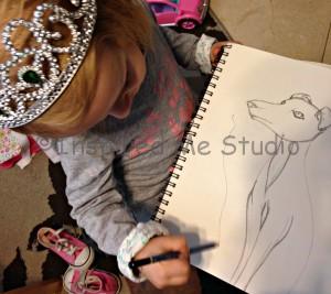 mummy and me art collaboration in progress, Italian Greyhound dog sketch.  How to create an art collaboration with a toddler